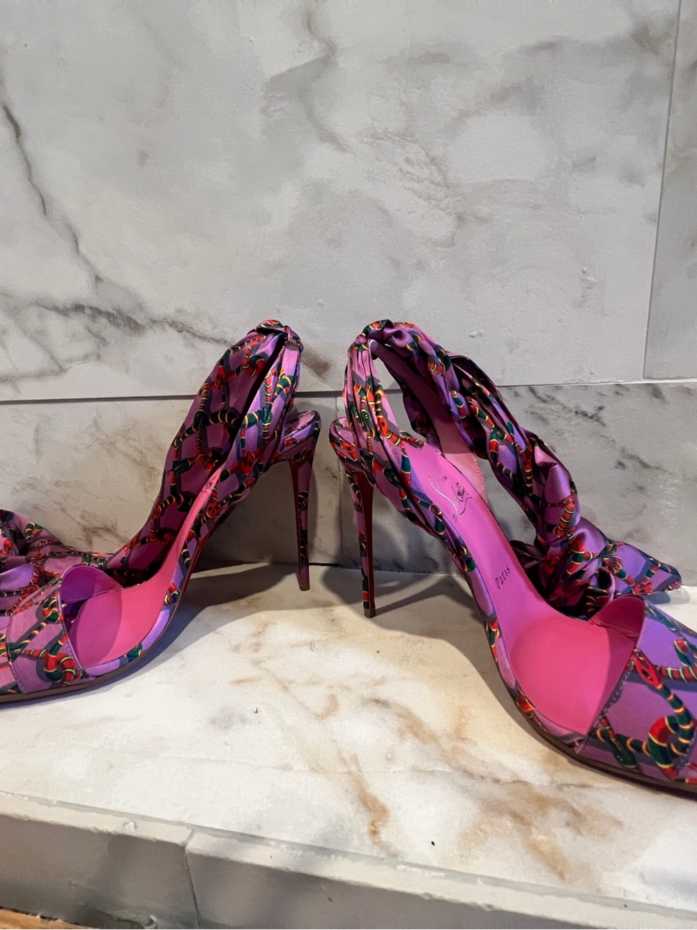 Christian Louboutin Purple Satin Snake Patterned Wrap Stiletto Sandals